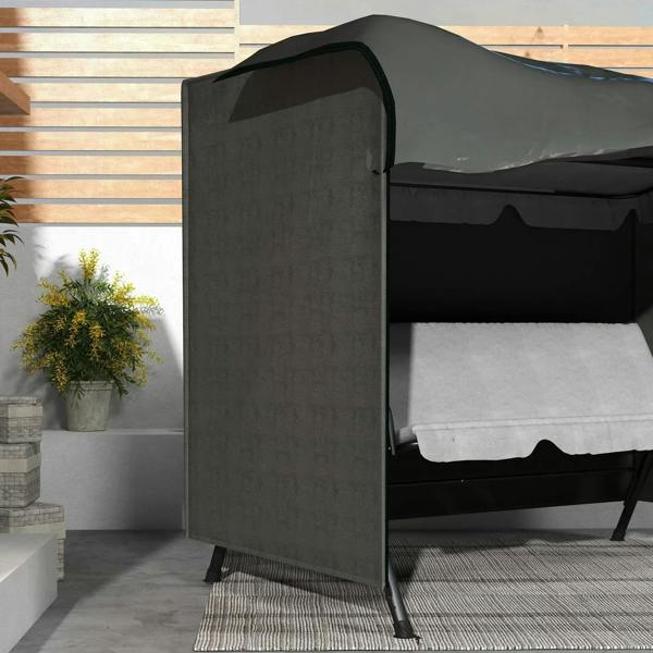 Dark grey swing chair protective cover with arched top and side panel close-up