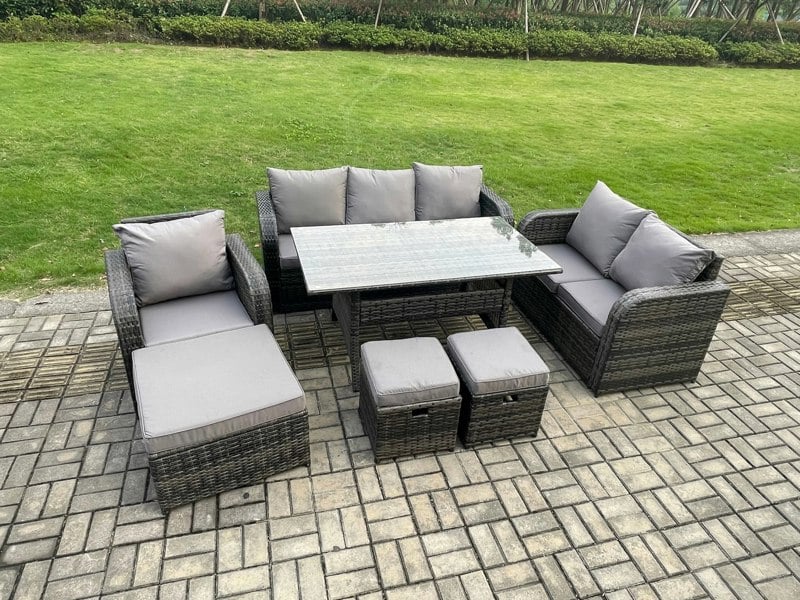 Fimous 7 Piece Rattan Garden Furniture Set with Patio Sofa Rectangular Dining Table 3 Small Footstools Indoor Conservatory Patio Set