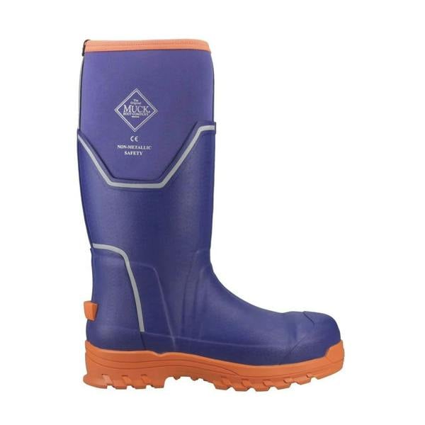 Muck Boots MUCK Boots GRIT S5 Womens Tall Safety Composite Toe/Midsole Wellie, blue and orange waterproof safety boot.