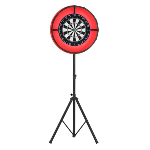 Dart board set with LED surround, featuring a vibrant red light ring, mounted on a sturdy black tripod stand for easy setup