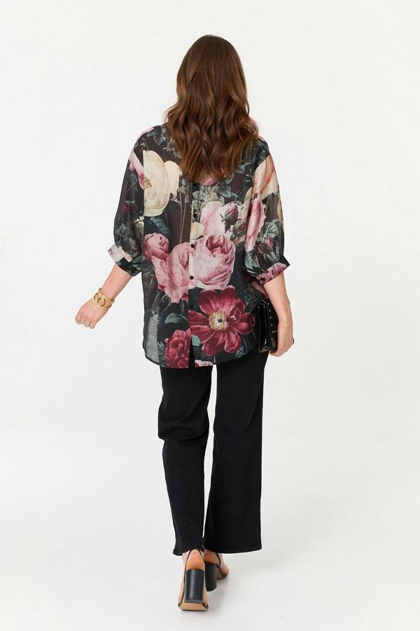 Black | Floral 3/4 Sleeve Button Back Blouse
