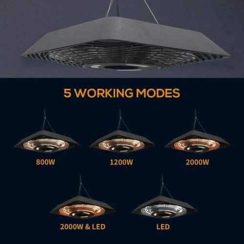 Bobobiy 2000W Electric Hanging Patio Heater Ceiling Mounted Halogen Heating Indoor Outdoor with Remote Control Aluminium