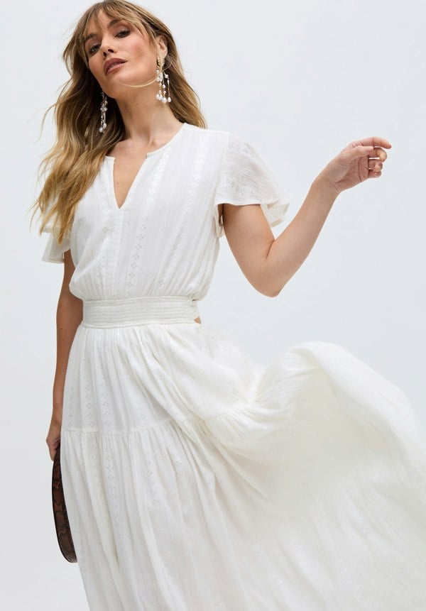 Candice Flutter Sleeve Jacquard Maxi Dress In White