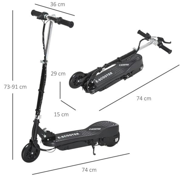 Black folding electric scooter, angled view showing deck and front wheel