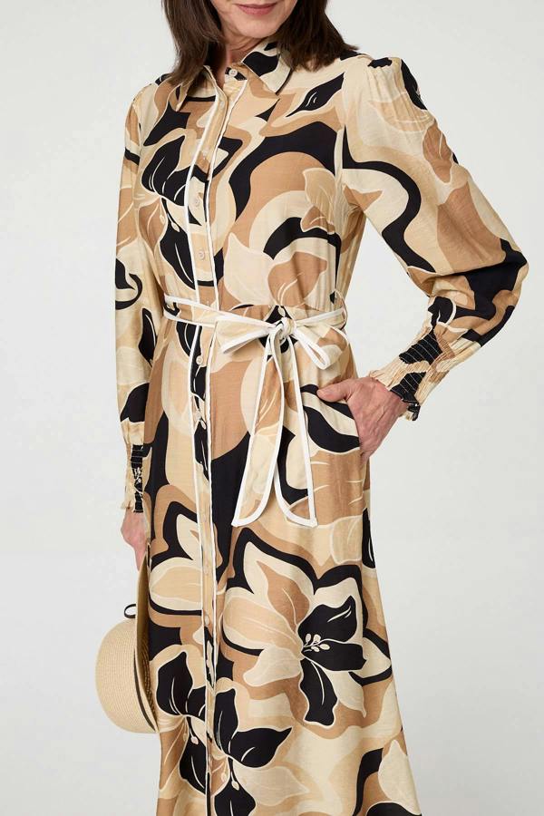 Beige | Abstract Floral Midi Shirt Dress
