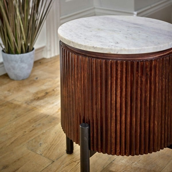 IH Design Miel Mango Wood Side Table With Marble Top & Metal Legs
