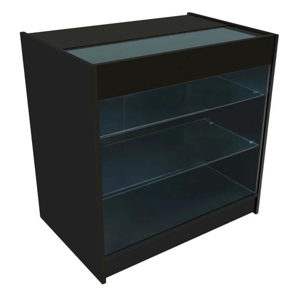 Black Helios LED shop counter set with two glass shelves, sleek design, and illuminated top for showcasing products