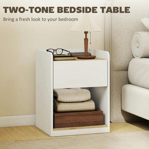Modern Bedside Table, Slim Nightstand with Drawer, Shelf and Cable Holes, White and Oak