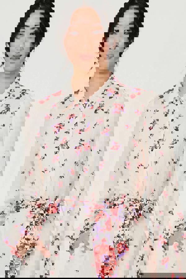 Pink | Floral Border Tie Waist Midi Shirt Dress