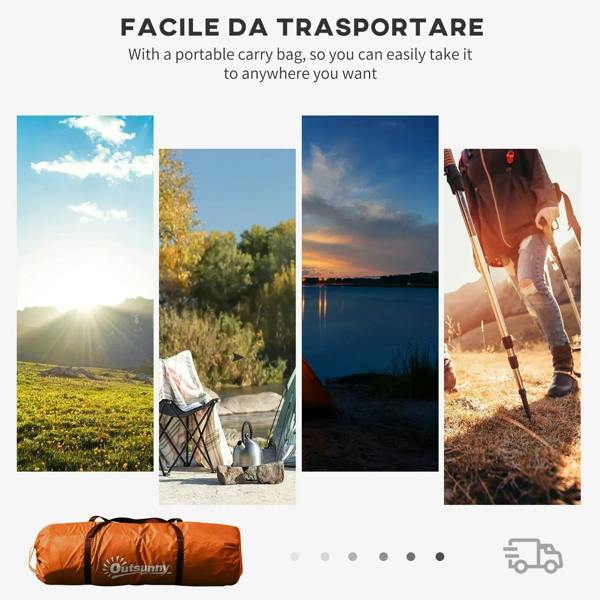 Orange camping tent with portable carry bag for transport