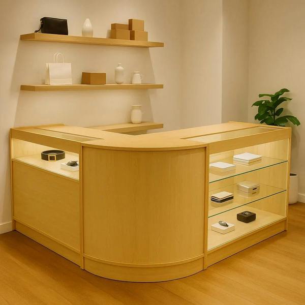 Triton LED Shop Counter Set in maple finish, featuring sleek curved design, glass shelves, and modern display options for retail spaces