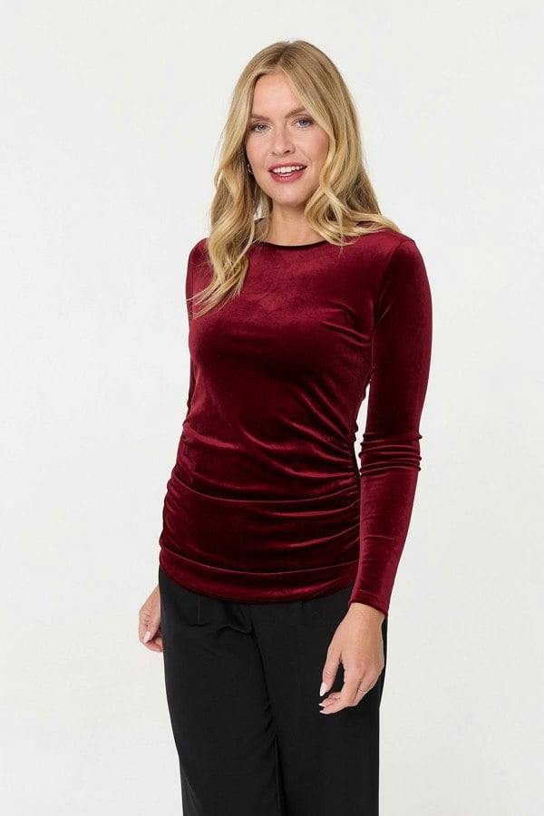 Red | Velour Soft Texture Long Sleeve Slim Top
