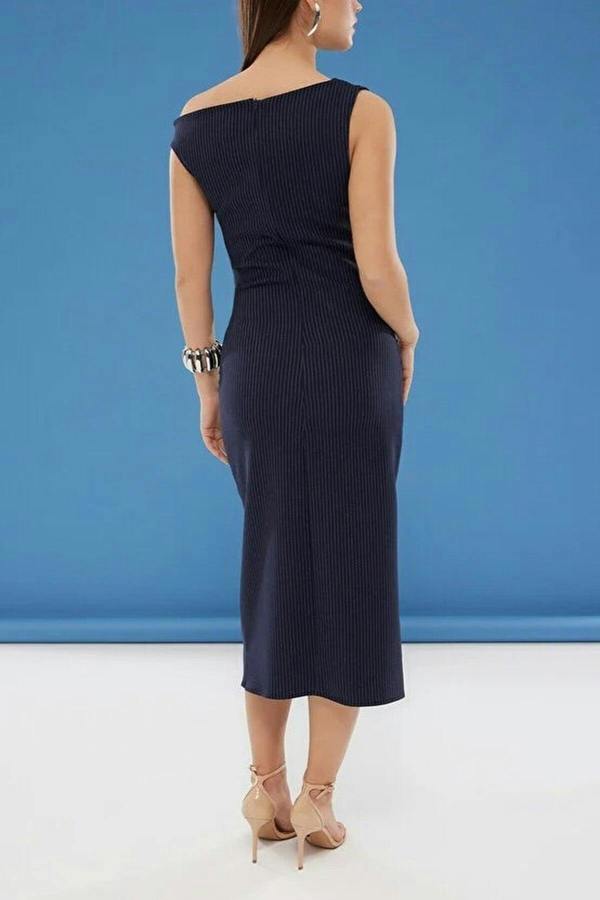 WOVCOR Striped Bodycon Midi Woven Dress