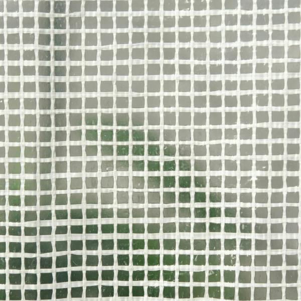 Close-up of white greenhouse PE mesh grid cover with square weave