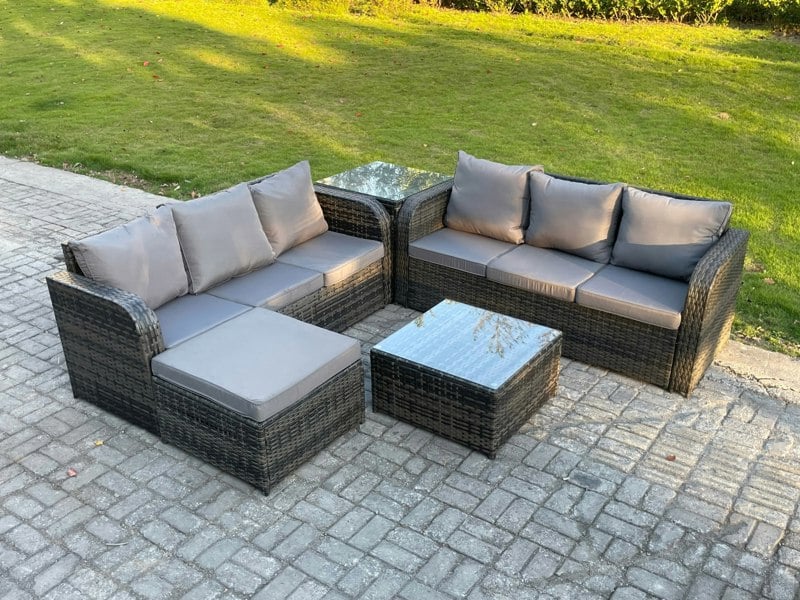 Fimous Indoor Outdoor Rattan Garden Furniture 7 Seater Set Table Sofa Chair Patio Conservatory with Grey Cushions Big Footstool Side Table