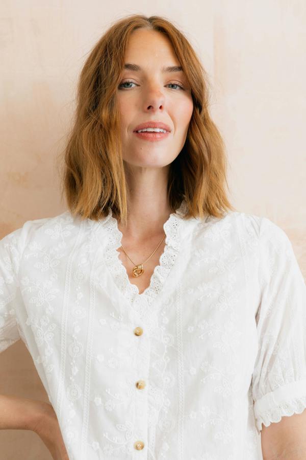 Lily & Me Wren Embroidered Cotton Frill Blouse White