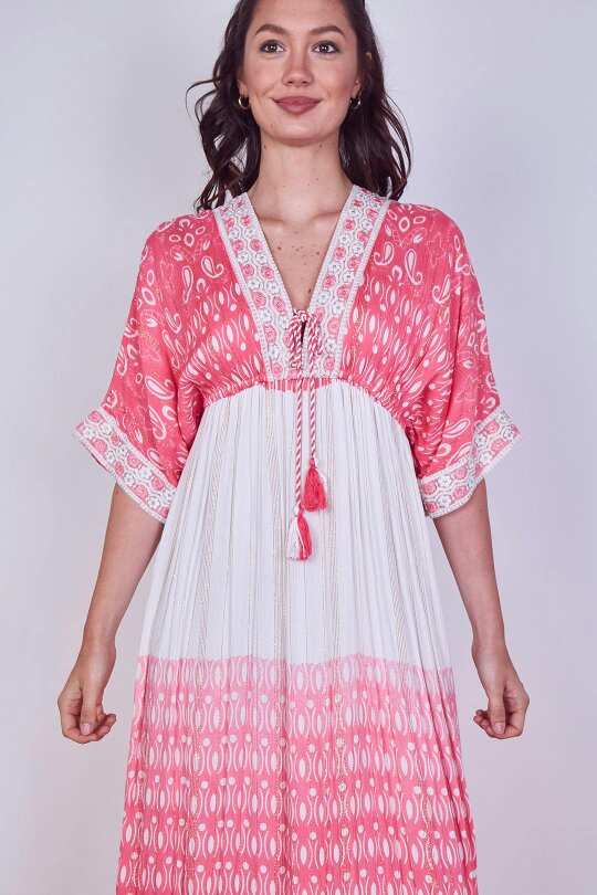 Boho Embroidered Maxi Dress with Tassel Tie – One Size (UK 8–14) - Pink