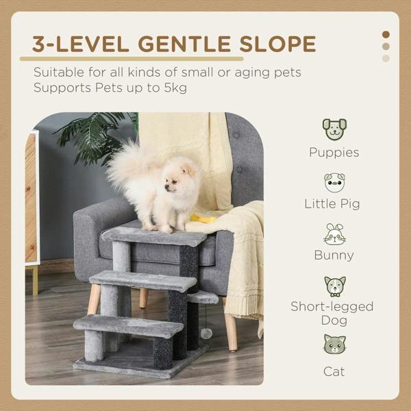 Grey pet stairs with three step platforms and scratching posts, with small dog