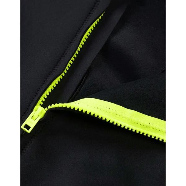 Neon yellow zipper on black fabric in Speedo sleeveless thermal swimsuit