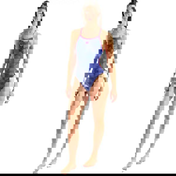 Arena Arch Lace Back swimsuit in multi blue with geometric pattern