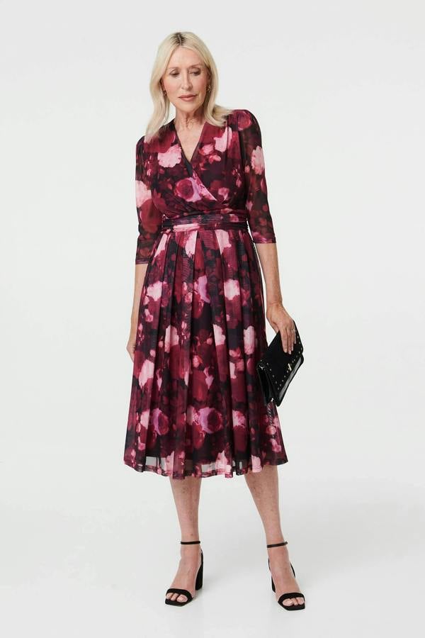 Pink | Floral 3/4 Sleeve Pleat Wrap Midi Dress
