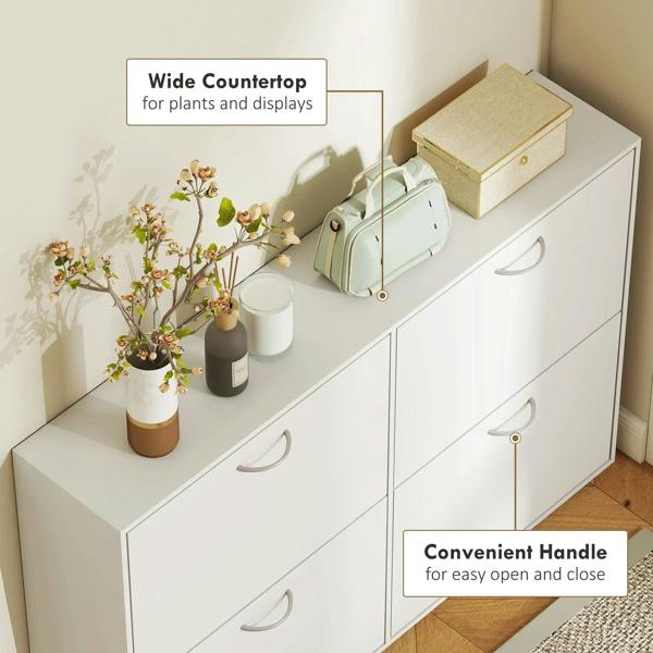 White shoe cabinet with wide countertop, drawers, and open shelves for shoe storage