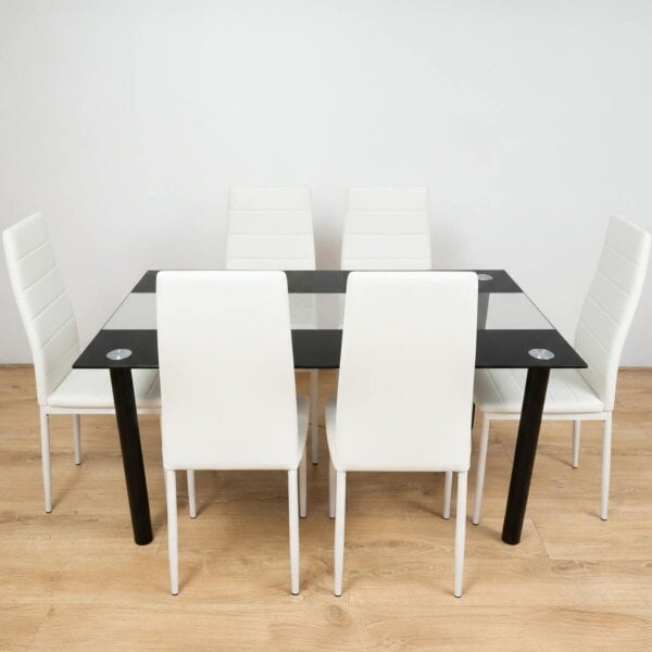 Kosy Koala Dining Table and 6 Chairs Black Clear Glass 6 Faux Leather White Chairs Dining Room Furniture