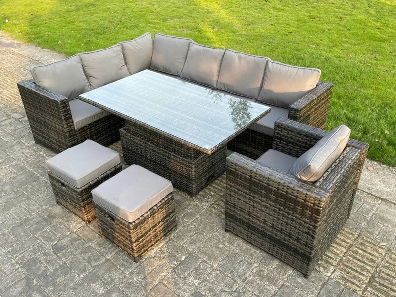 Fimous 9 Seats Dark Mixed Grey Rattan Garden Furniture Corner Sofa Set Adjustable Dining Or Coffee Table Chair Left Corner