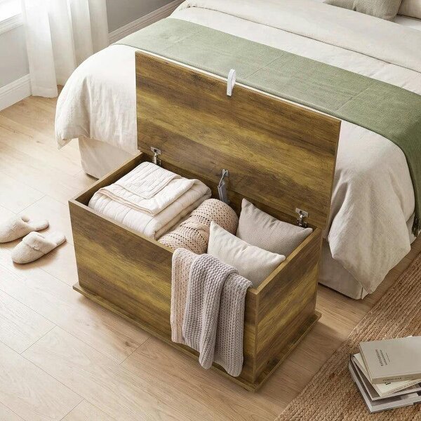 Storage Chest, 102L Blanket Box, Shoe Bench Safety Hinged Lid, Bed End Bench for Bedroom, 80 x 40 x 45cm, Brown