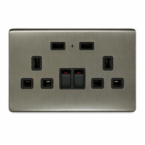 Front view of ENER-J smart 13A double wall socket with dual USB ports in black brushed finish