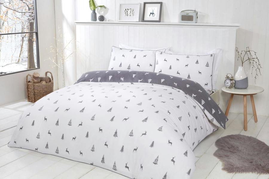 Smart Living Stag & Trees Flannelette Cotton Reversible Duvet Set - Grey