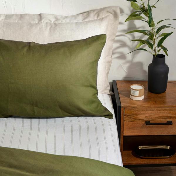 Olive Green French Linen 40cm Deep Fitted Sheets close-up detail 2 | Soak and Sleep
