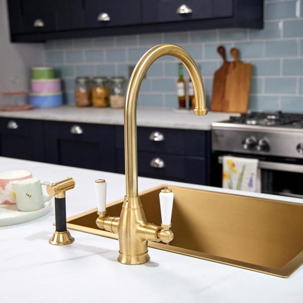 Flode Halden | Dual Lever Kitchen Sink Mixer Tap and Rinser with Swivel Spout | Brushed Brass Finish