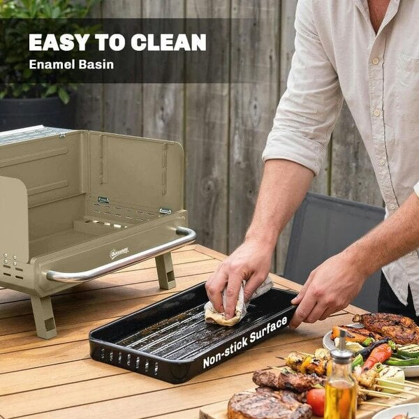 Bobobiy Portable BBQ Grill, Charcoal Barbecue Grill with Adjustable Grates, Foldable Legs, Side Shelf for Camping Travel, Khaki