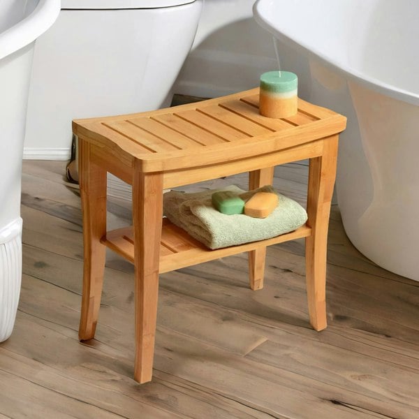 BMBO 2 Tier Wooden Side Table Shower Stool Natural Brown