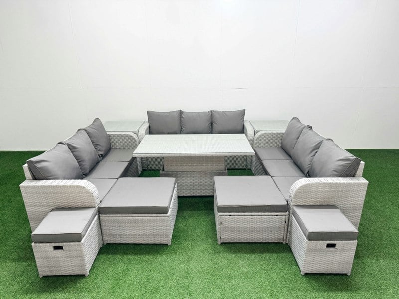 Fimous 8 Pieces Garden Rising Dining Table High Back Inclining Sofa Set 2 Big Footstool 2 Small Stool 2 Side Table Light Grey