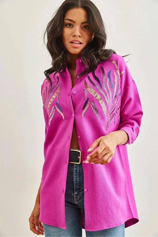 Hoxton Gal Sequin-Embellished Wool-Effect Oversized Winter Shirt