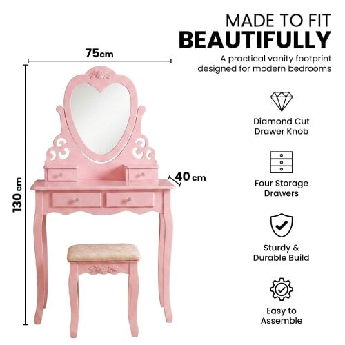 Kosy Koala Pink Heart Dressing Table Makeup Desk Vanity Set White Mirror Drawers Stool