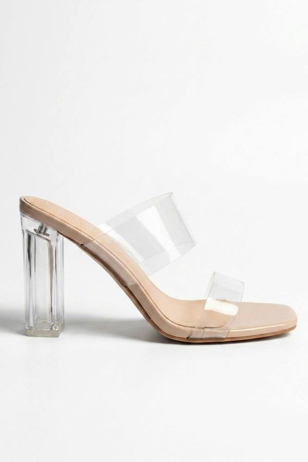Pearl Transparent Strap Square Toe Mules - Beige