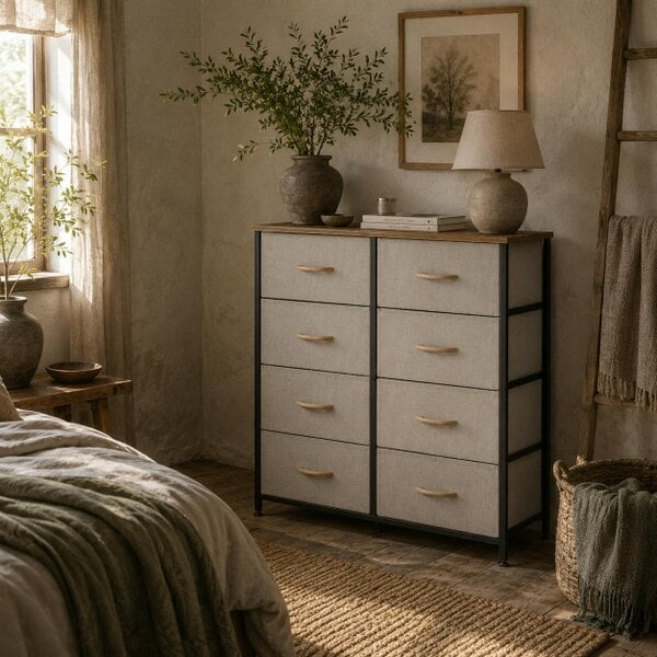 Wyld Haus Neyo Metal And Fabric Cream White 8 Drawer Industrial Storage Dresser With Steel Frame