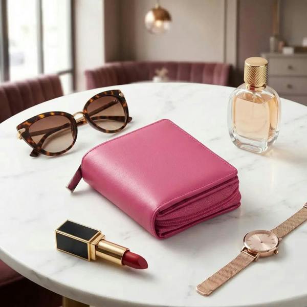 Pink wallet, sunglasses, lipstick, perfume bottle, and watch on a marble table.