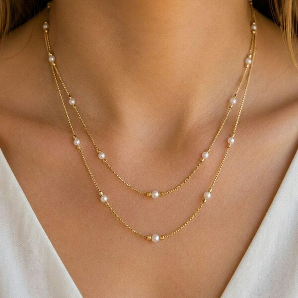 The Colourful Aura Double Strand Pearl & Gold Necklace | 18ct Gold Plated