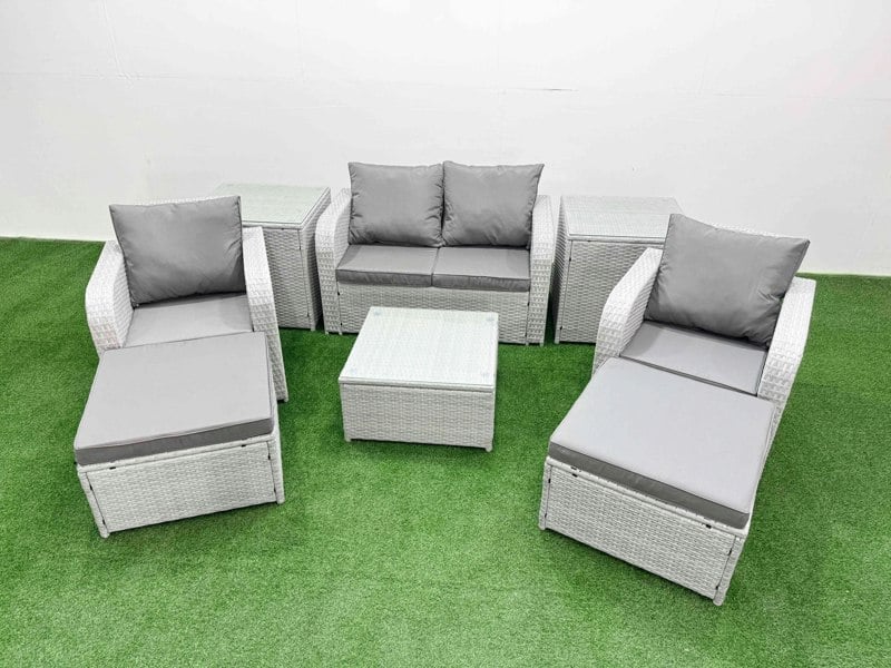 Fimous Light Grey PE Wicker Rattan Garden Furniture Set Sofa Set Reclining Adjustable Chair Square Coffee Table 6 Seater 2 Big Stools 2 Side Table
