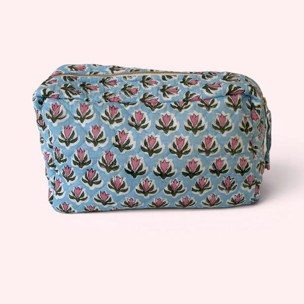 Hayley & Co XL Toiletry Bag - Quilted Cotton Large Wash Bag in Pale Blue and Pink Floral Block Print