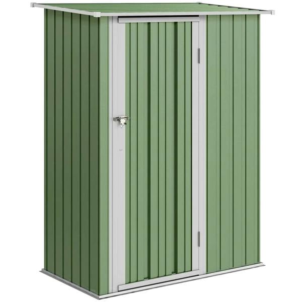Green metal garden storage shed with lockable double door and sloped roof
