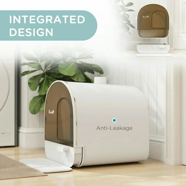 White hooded cat litter box with anti-leak enclosed design and raised base