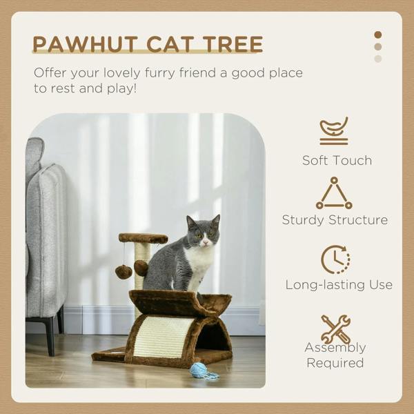 Brown cat tree with sisal post, plush platforms, and dangling ball toy