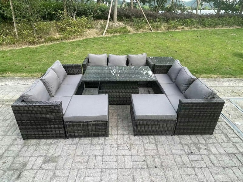 Fimous 11-Seater Dark Grey Rattan Outdoor Sofa Set | Adjustable Rising Dining Table, Side Table, 2 Large Footstools