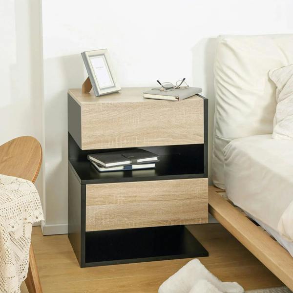 Wall-mounted floating bedside cabinet with oak-tone drawer and dark open shelf