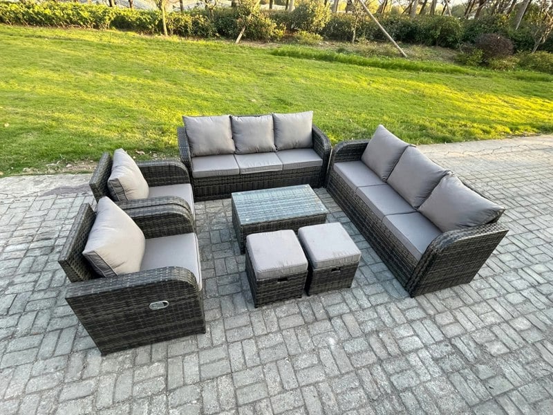 Fimous Rattan Outdoor Garden Furniture Sofa Set Patio Table & Chairs Set with 3 Seater Sofa Reclining Chair 2 Small Footstools Dark Grey Mixed